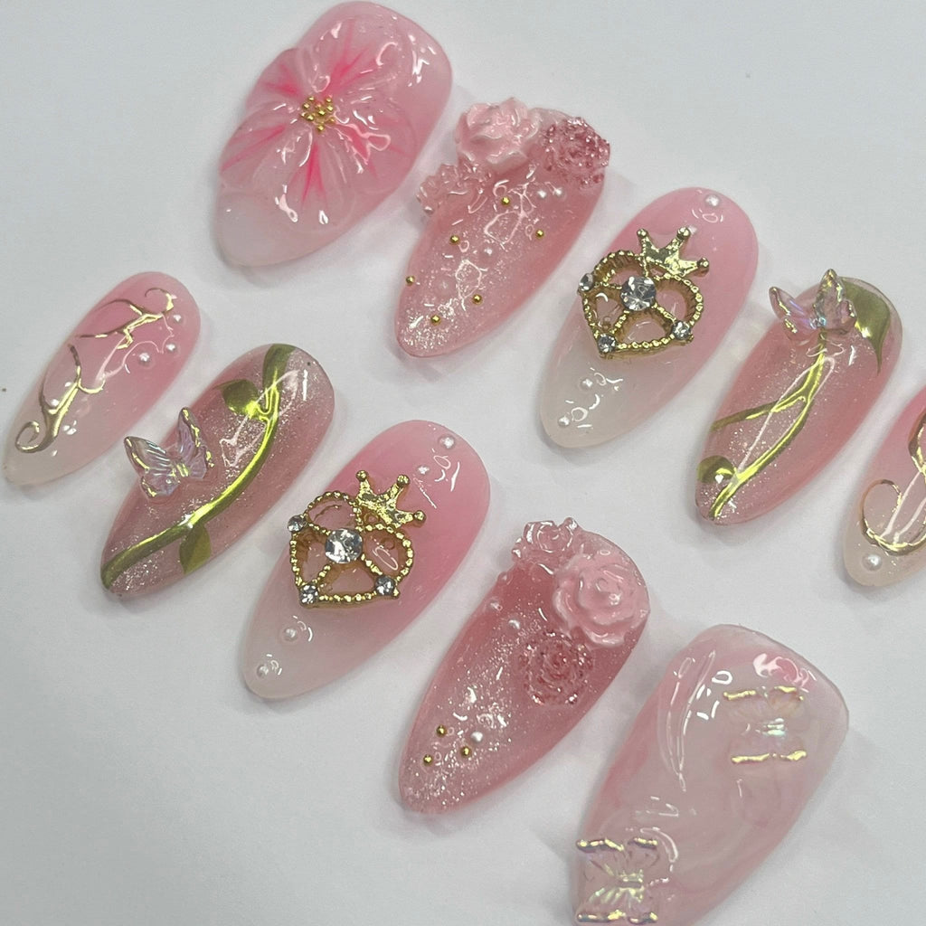 Elegance 3D Flower Medium Almond Press On Nails, Handmade Floral Spring Nails, Unique Nail for Birthday Party Holiday,Vacation