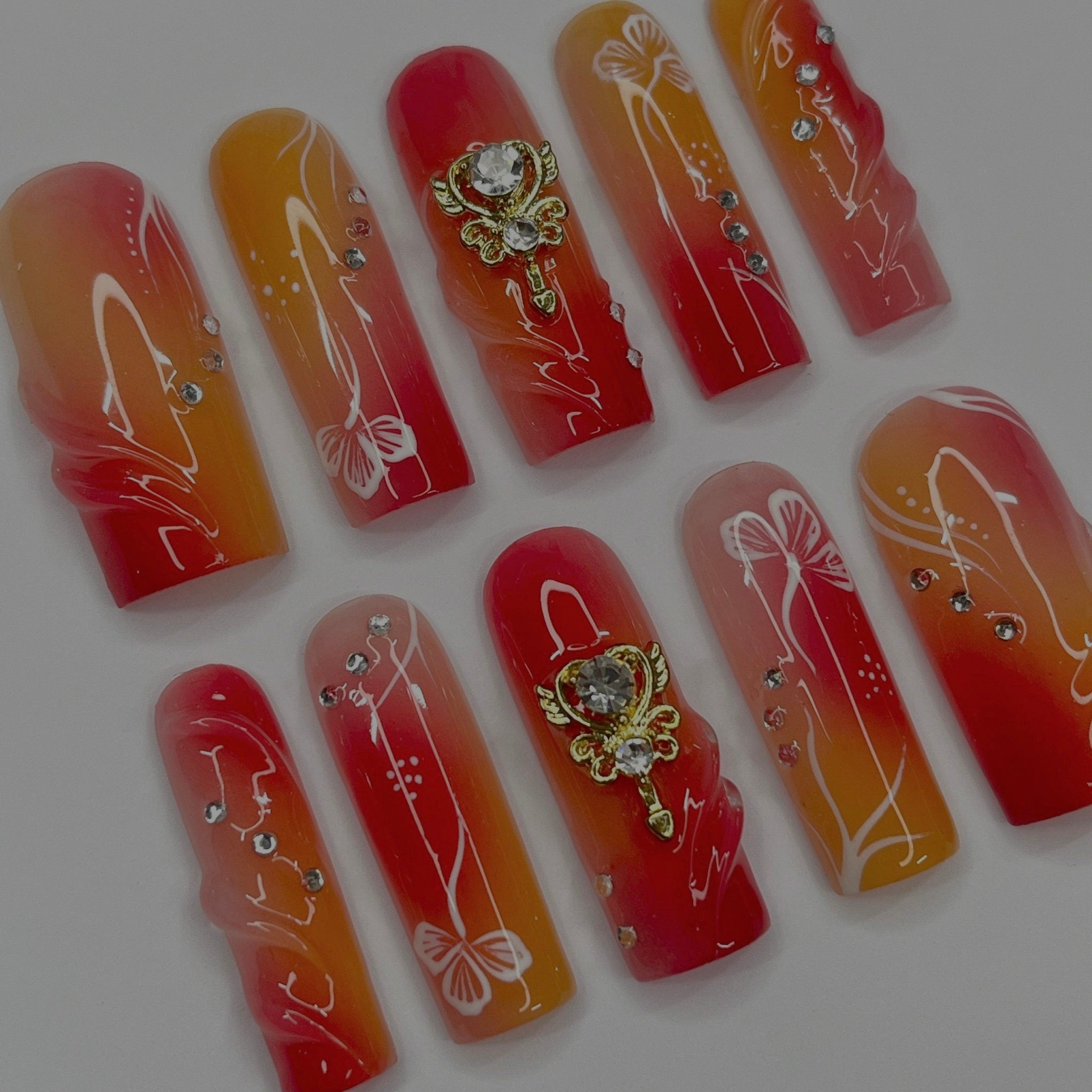 Freestyle Red & Orange Long Square Press On Nails, Air Brush Fake Nails, Edgy Chrome Nails, Birthday Party Holiday Nail