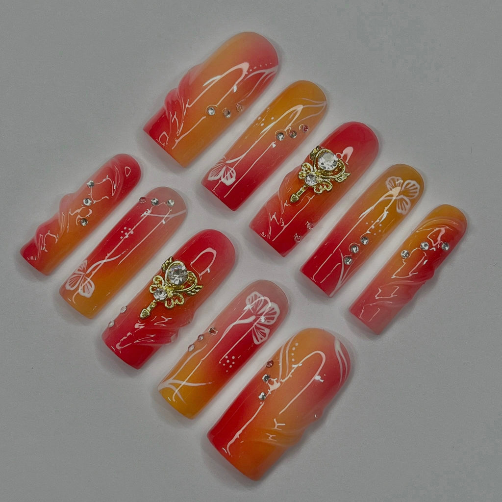 Freestyle Red & Orange Long Square Press On Nails, Air Brush Fake Nails, Edgy Chrome Nails, Birthday Party Holiday Nail