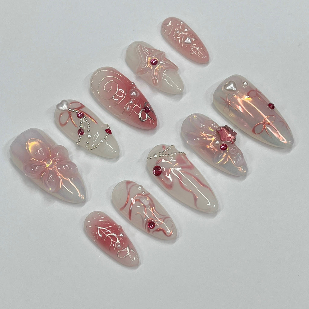Petite Blossom Blush Medium Almond Press On Nails, Handpainted Flower Nails, Spring Floral Nails Art for Birthday, Holiday, Vacation