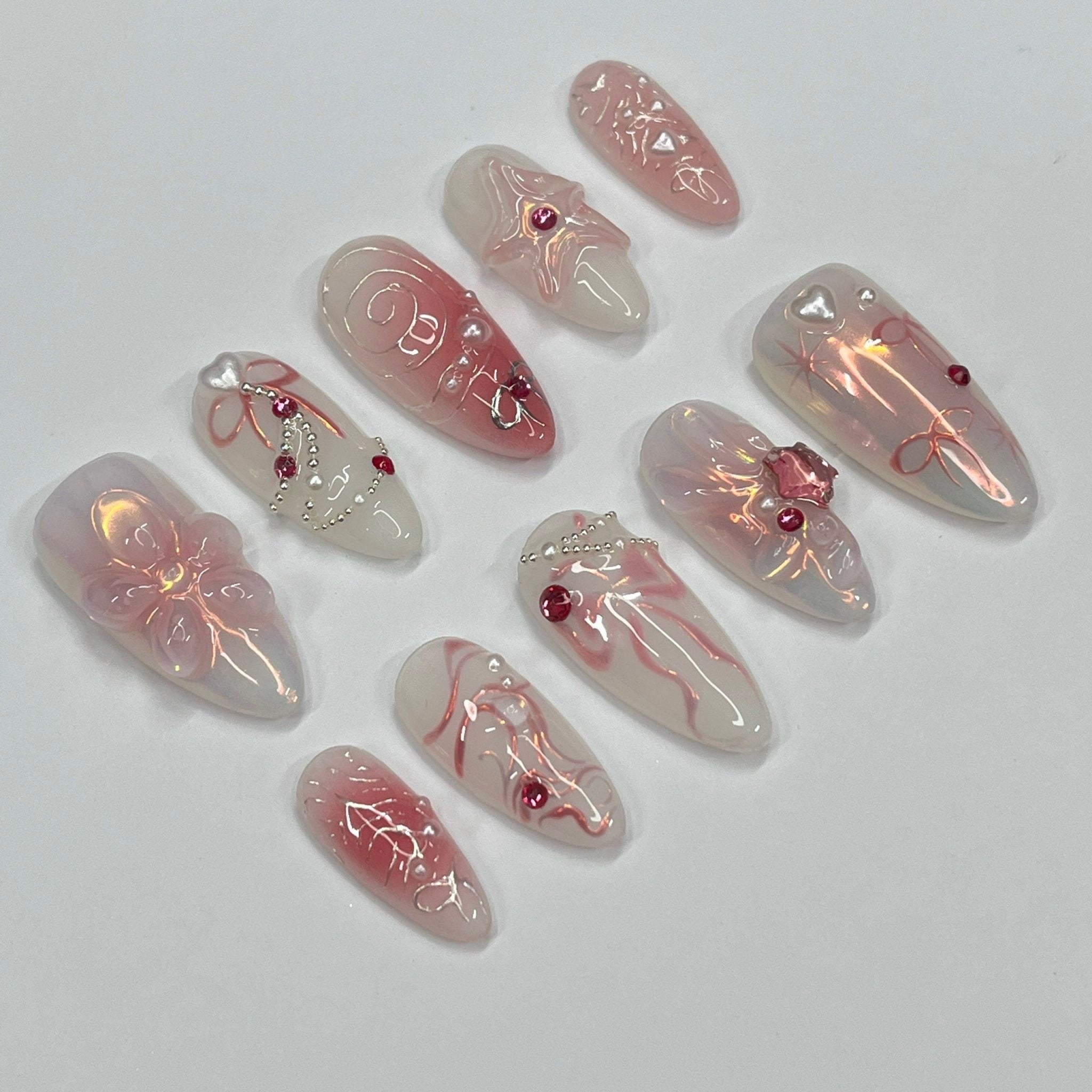 Petite Blossom Blush Medium Almond Press On Nails, Handpainted Flower Nails, Spring Floral Nails Art for Birthday, Holiday, Vacation