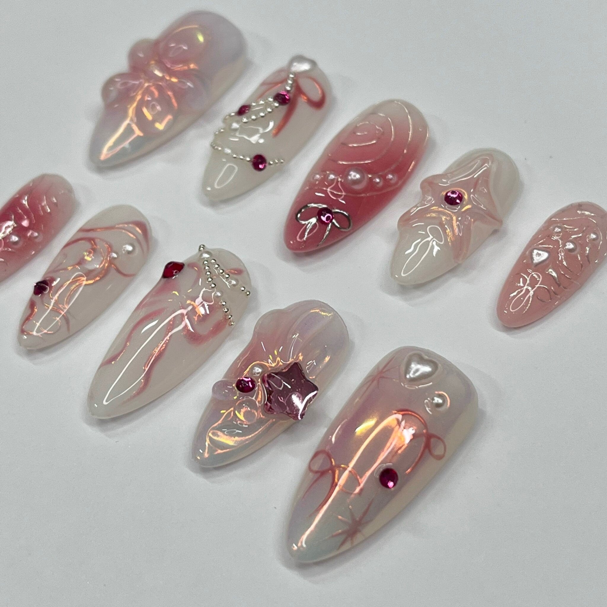 Petite Blossom Blush Medium Almond Press On Nails, Handpainted Flower Nails, Spring Floral Nails Art for Birthday, Holiday, Vacation