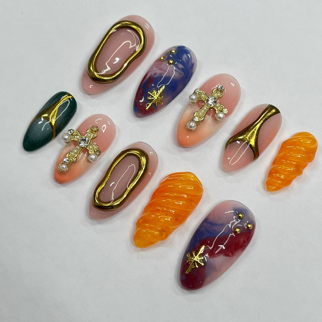 Freestyle Mix & Match Medium Almond Press On Nails, Handmade 3D Gel Fake Nails for Birthday Holiday Vacation Prom , Gifts for Her