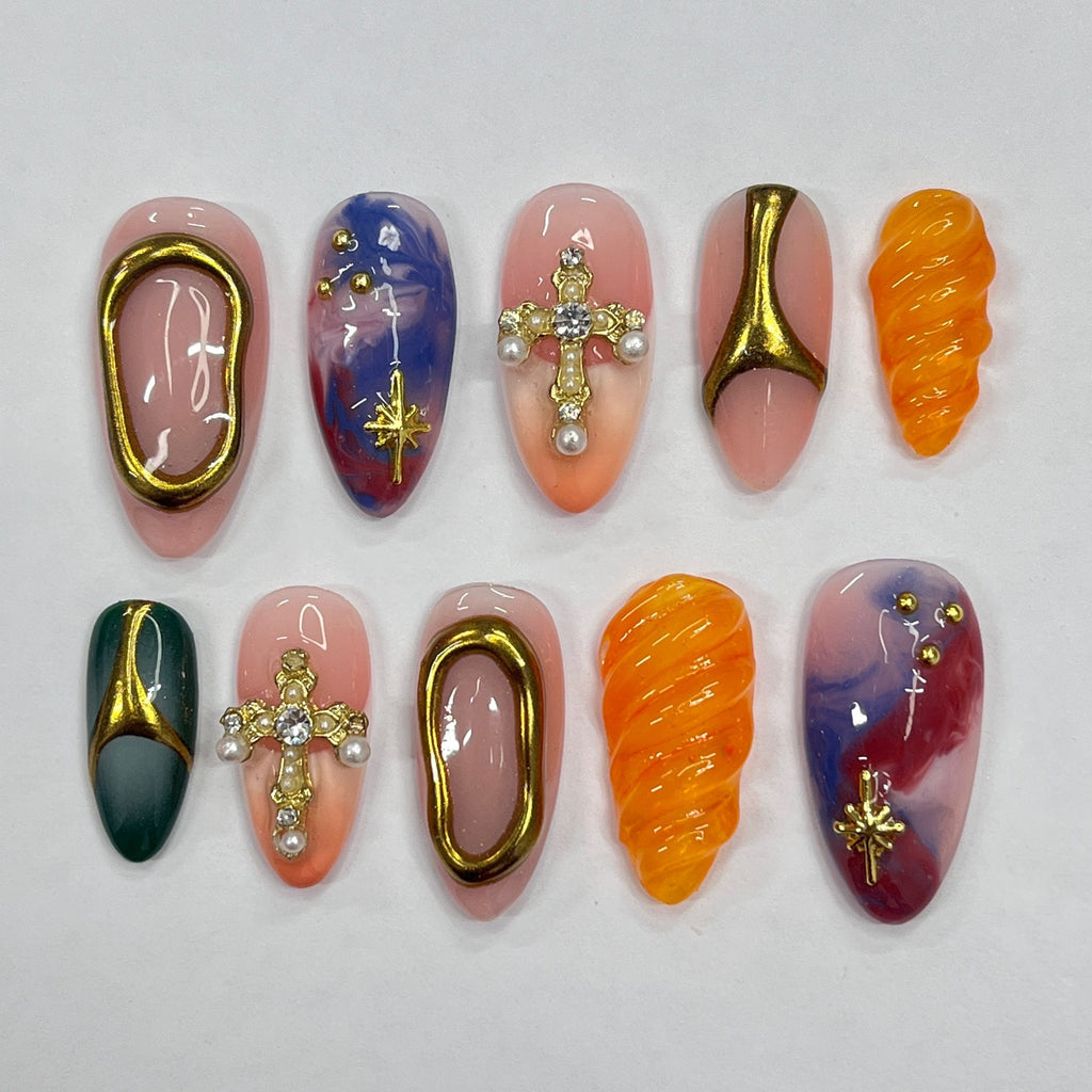 Freestyle Mix & Match Medium Almond Press On Nails, Handmade 3D Gel Fake Nails for Birthday Holiday Vacation Prom , Gifts for Her