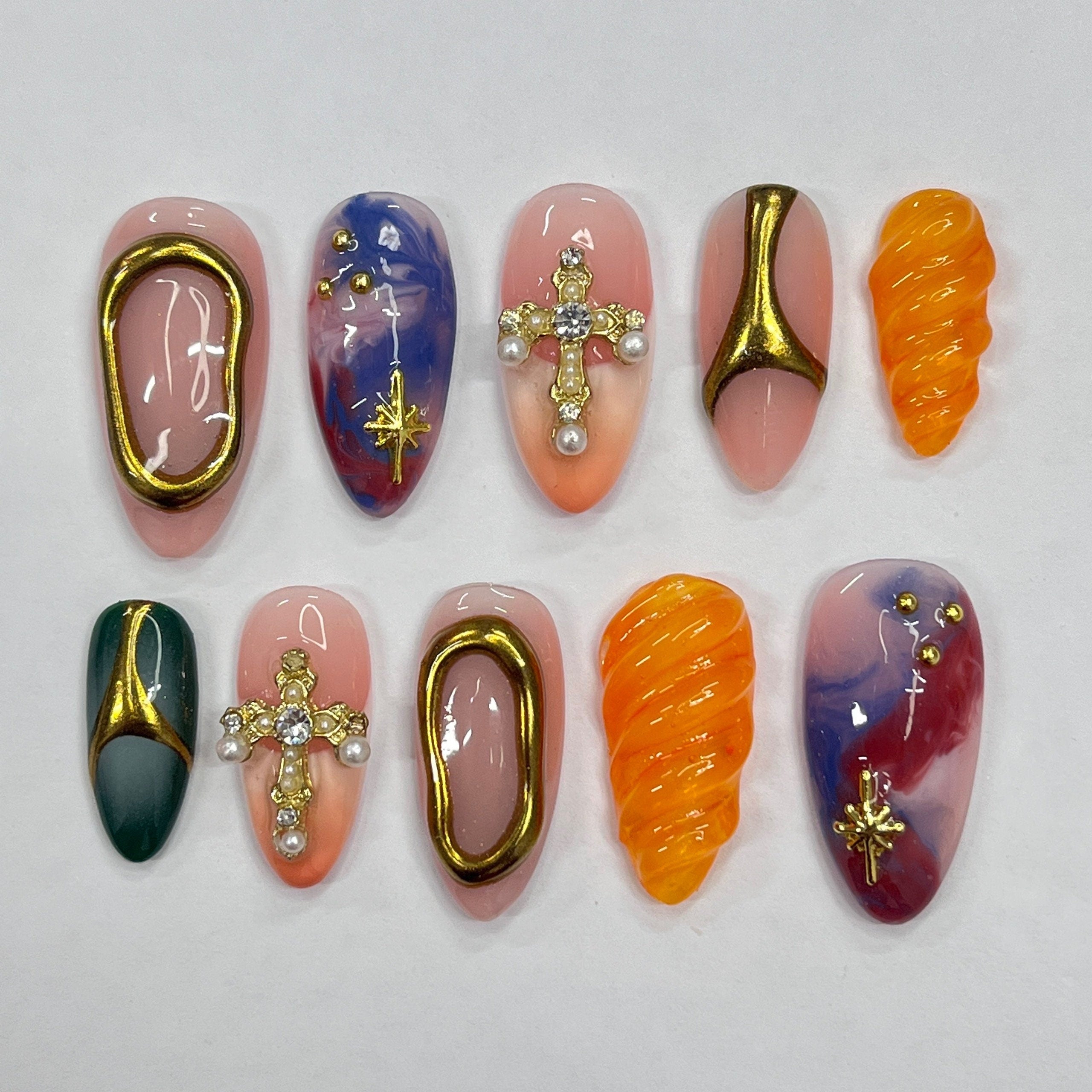Freestyle Mix & Match Medium Almond Press On Nails, Handmade 3D Gel Fake Nails for Birthday Holiday Vacation Prom , Gifts for Her