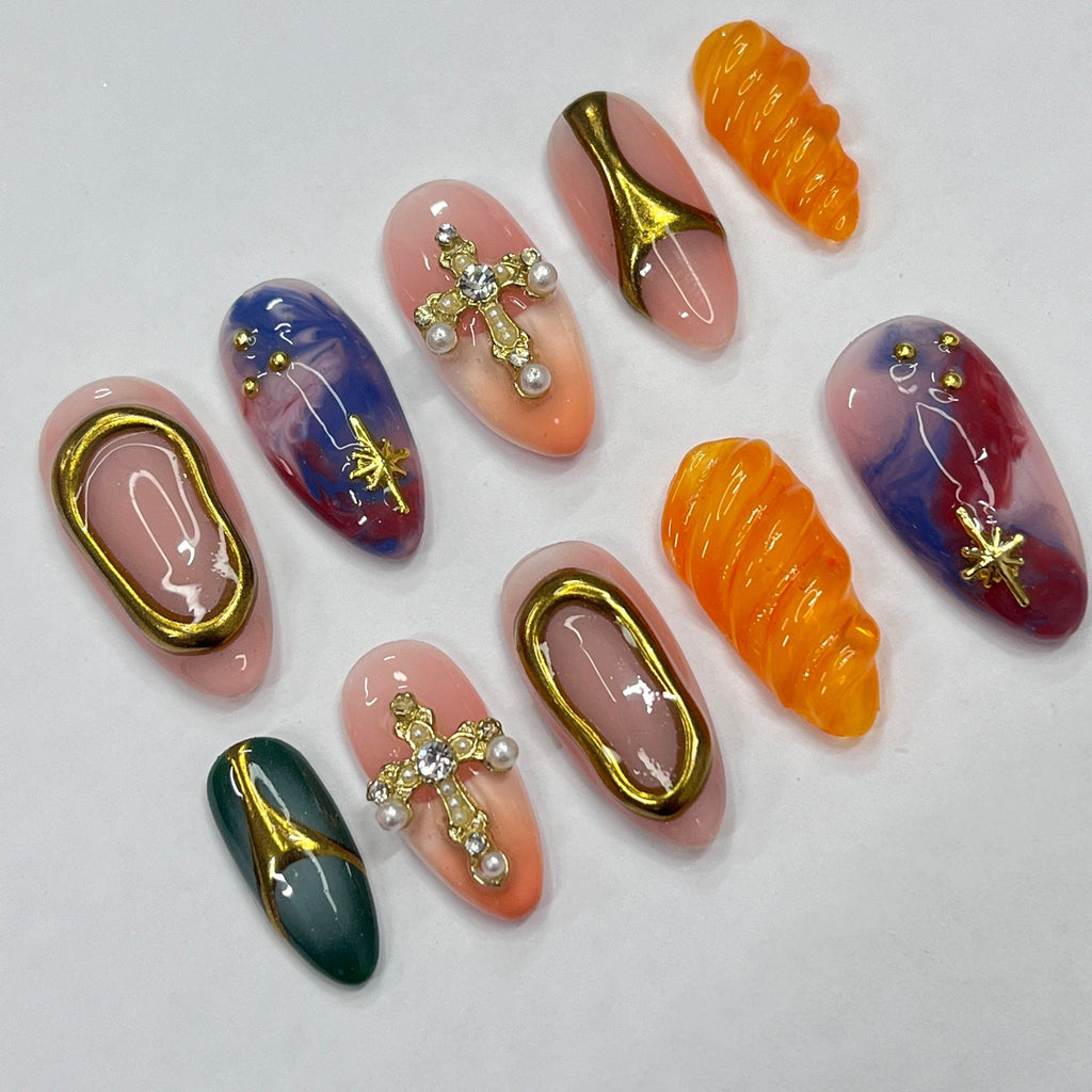 Freestyle Mix & Match Medium Almond Press On Nails, Handmade 3D Gel Fake Nails for Birthday Holiday Vacation Prom , Gifts for Her