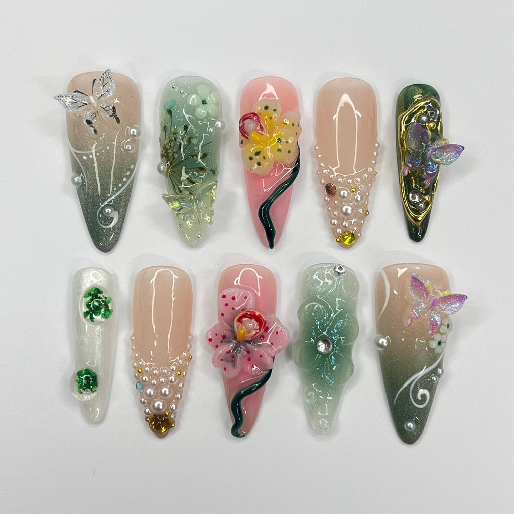 3D Flower Long Almond Handmade Press On Nails, Spring Garden Theme Custom Made False Nails for Birthday Holiday Vacation Prom Nails