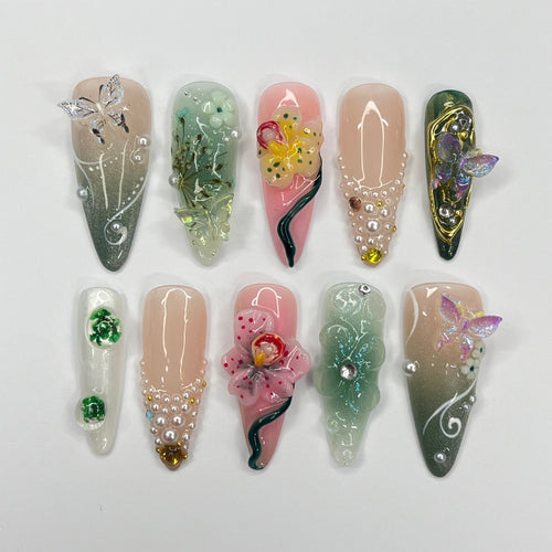 3D Flower Long Almond Handmade Press On Nails, Spring Garden Theme Custom Made False Nails for Birthday Holiday Vacation Prom Nails