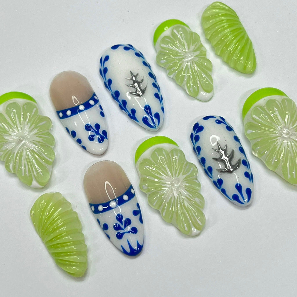 Free Style Summer Fruit Almond Press On Nails, Handmade Fake Nails Nails, Unique Nails for Birthday Event Photograph Holiday Birthday