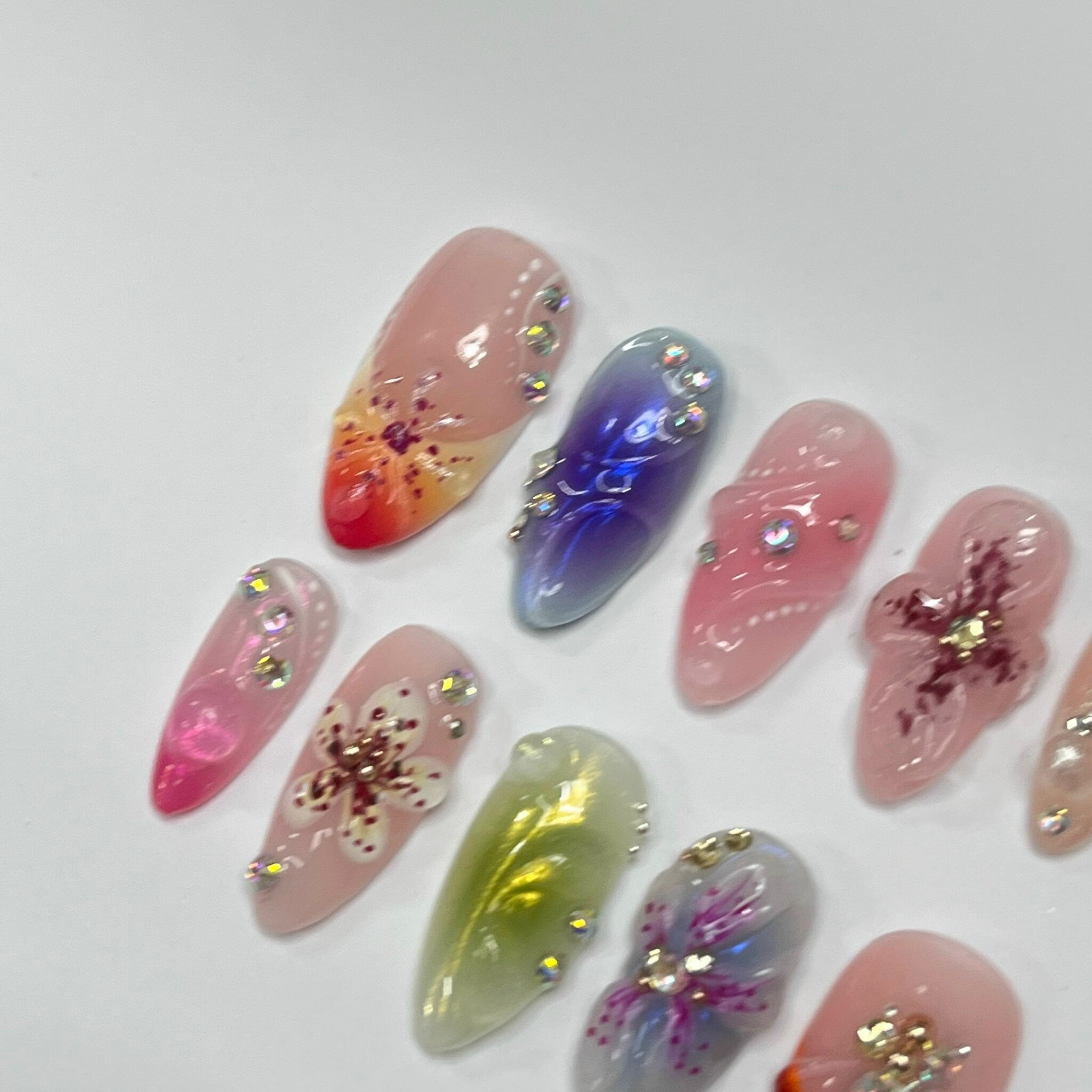 Enchanted Gardens Medium Almond Handmade Press On Nails, Spring Theme Custom Made False Nails for Birthday Holiday Vacation Prom Nails