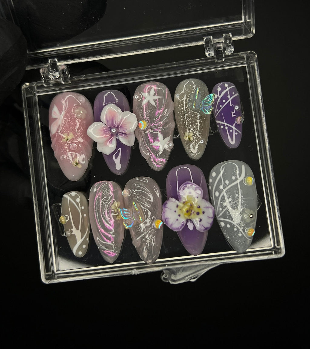 Springtime - 3D Flowers Medium Almond Press on Nails, Handmade Floral False Nails for Holiday, Vacation, Birthday, Prom Nails. Gift for Her