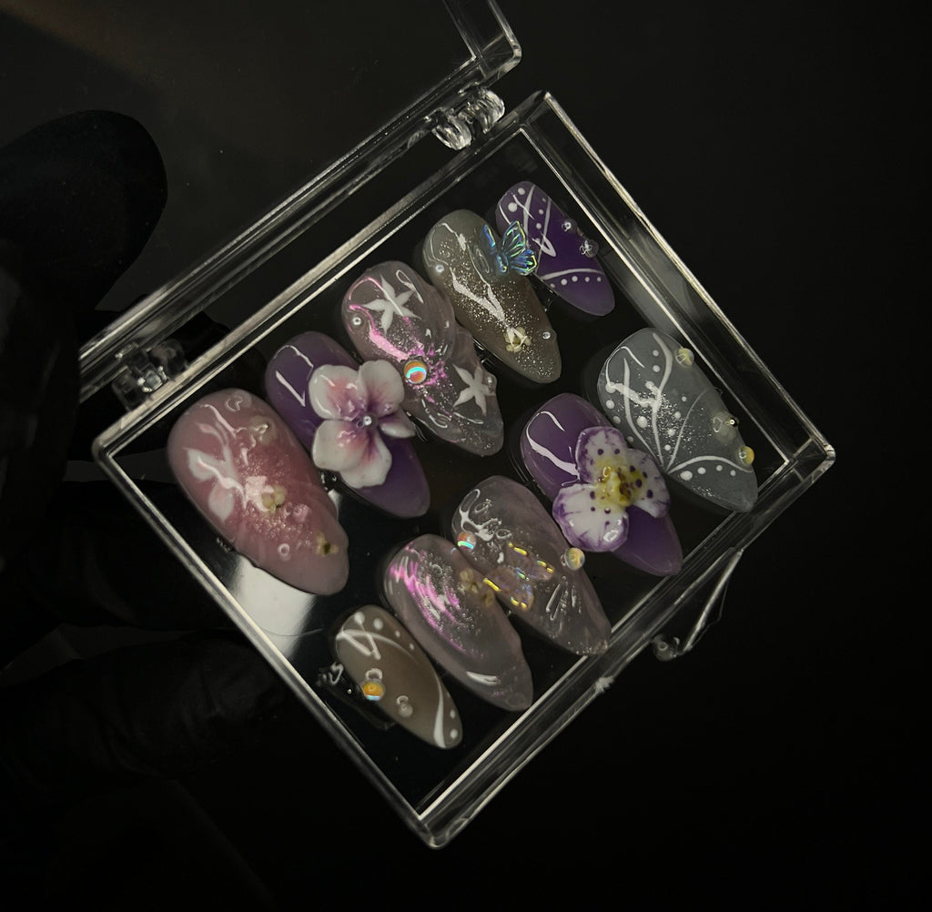 Springtime - 3D Flowers Medium Almond Press on Nails, Handmade Floral False Nails for Holiday, Vacation, Birthday, Prom Nails. Gift for Her