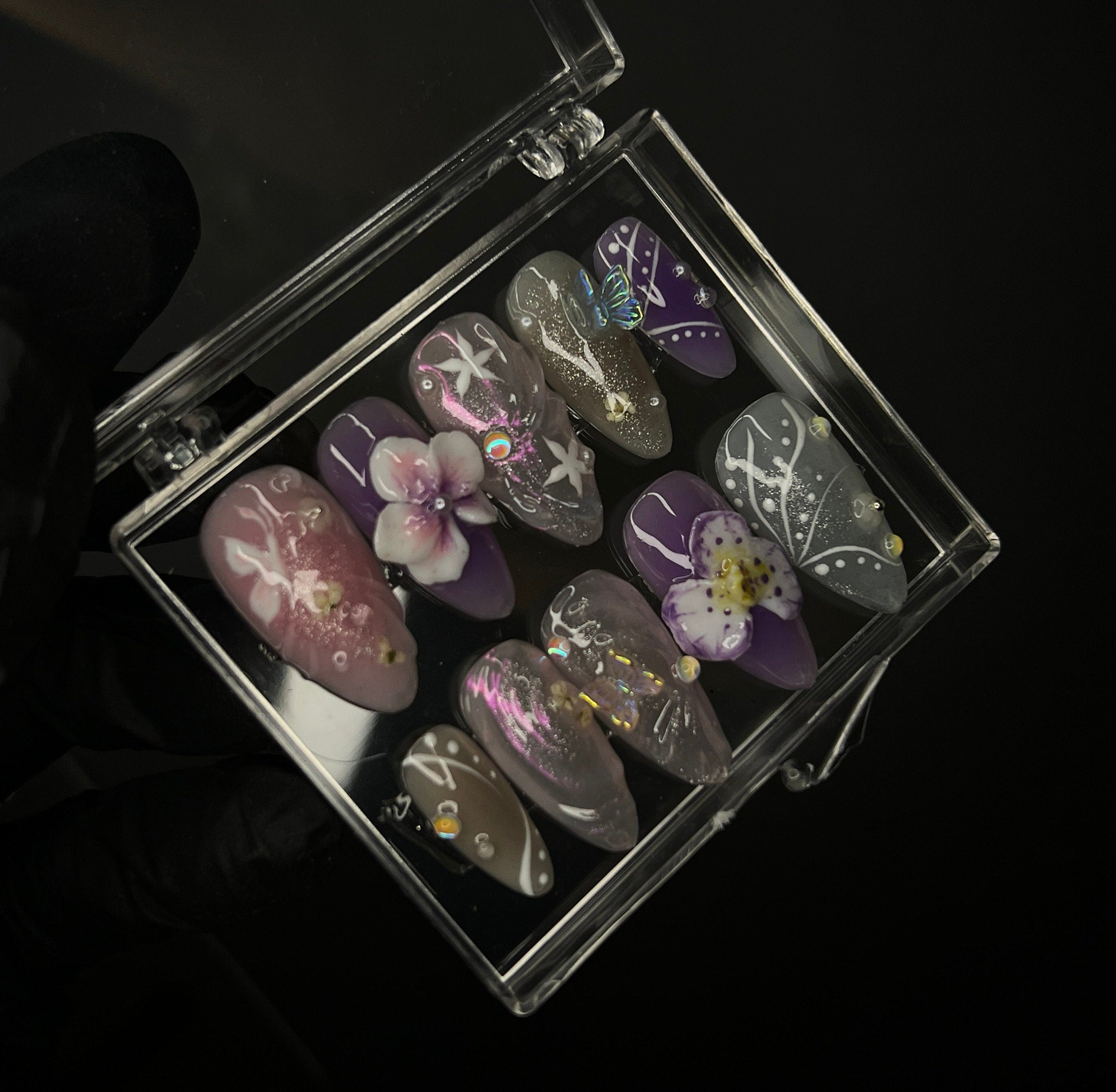 Springtime - 3D Flowers Medium Almond Press on Nails, Handmade Floral False Nails for Holiday, Vacation, Birthday, Prom Nails. Gift for Her