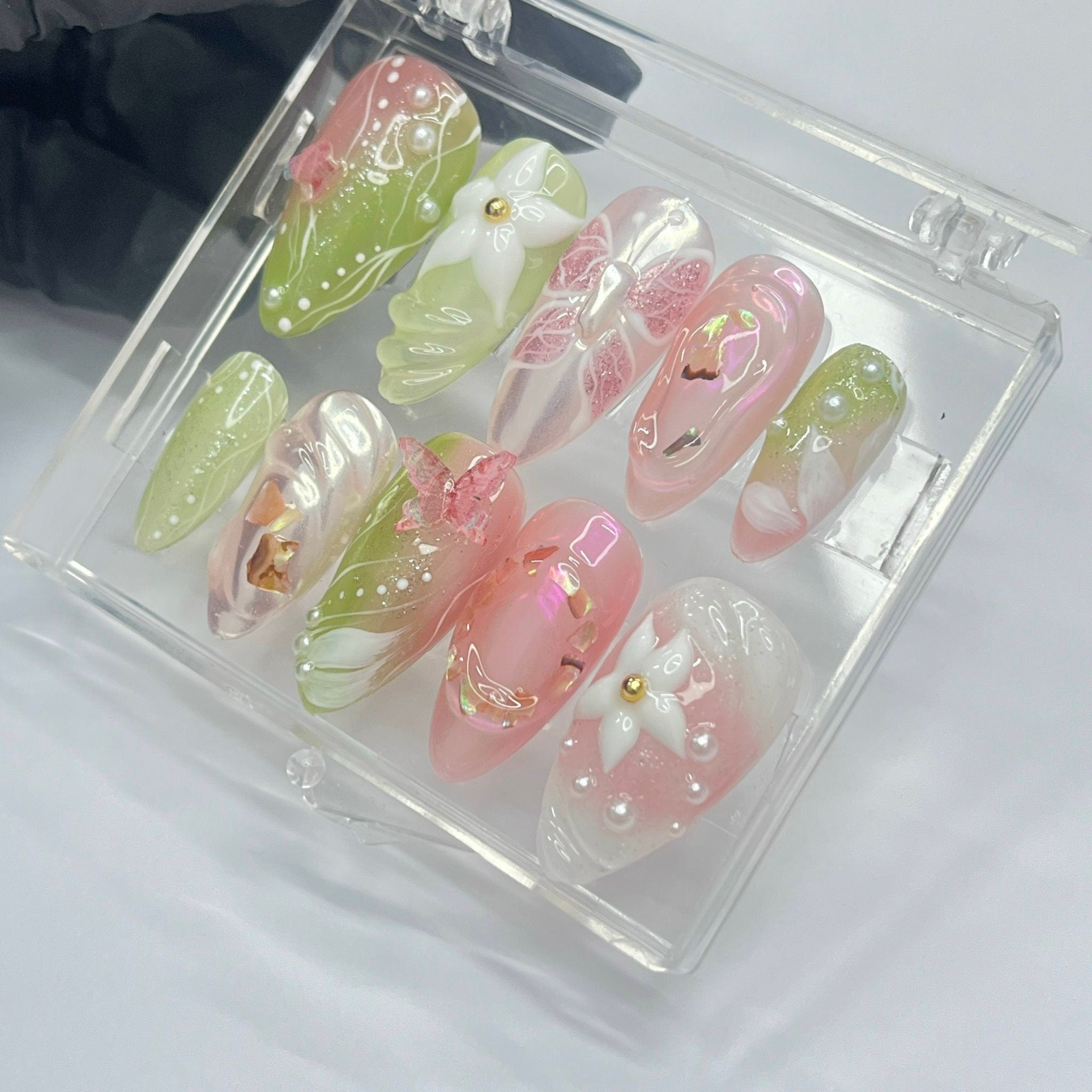 Cute 3D Flower & Butterfly Medium Almond Press On Nails, Handmade Gel False Nails for Birthday Event Party Holiday Vacation
