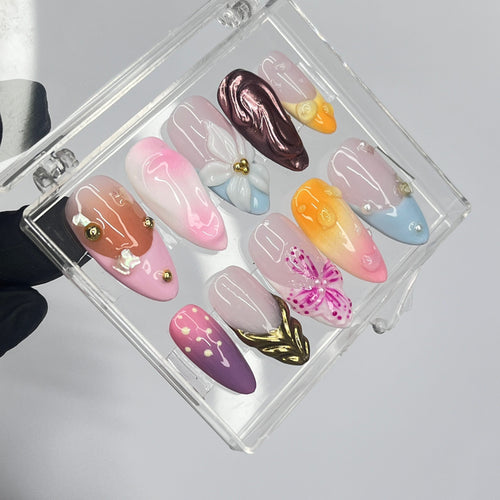 3D Flower Medium Almond Press On Nails, Floral Handmade Gel False Nails for Birthday Event Party Holiday Vacation