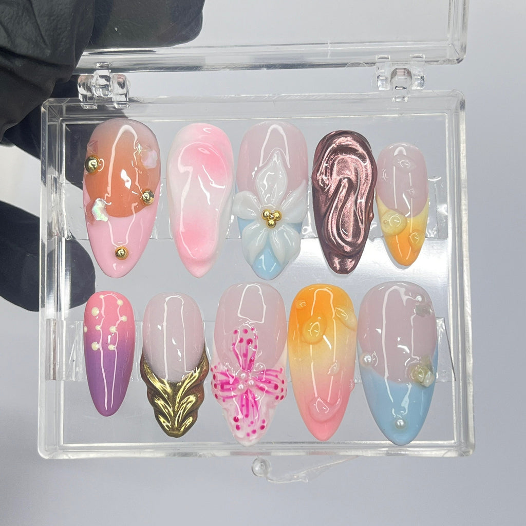 3D Flower Medium Almond Press On Nails, Floral Handmade Gel False Nails for Birthday Event Party Holiday Vacation