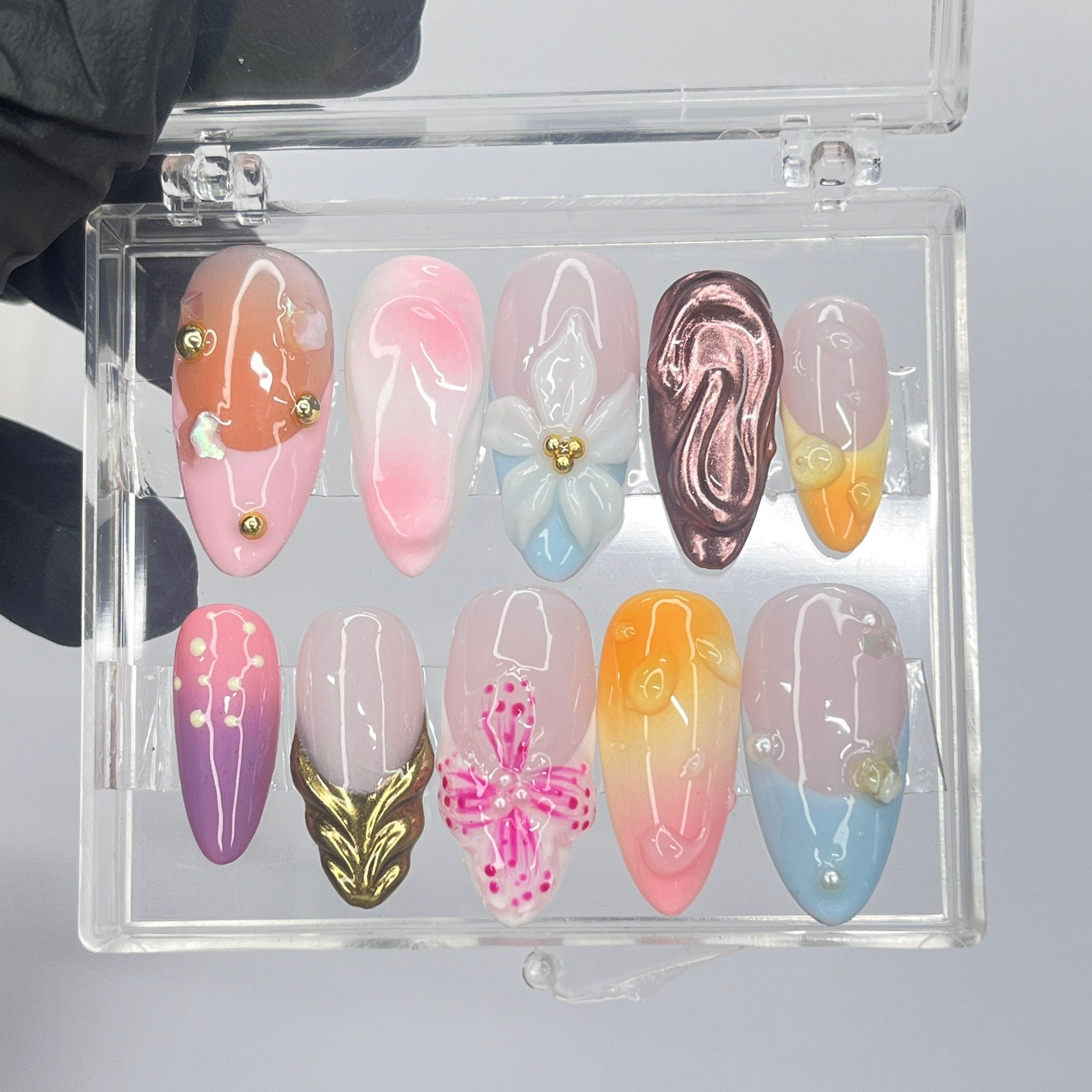 3D Flower Medium Almond Press On Nails, Floral Handmade Gel False Nails for Birthday Event Party Holiday Vacation
