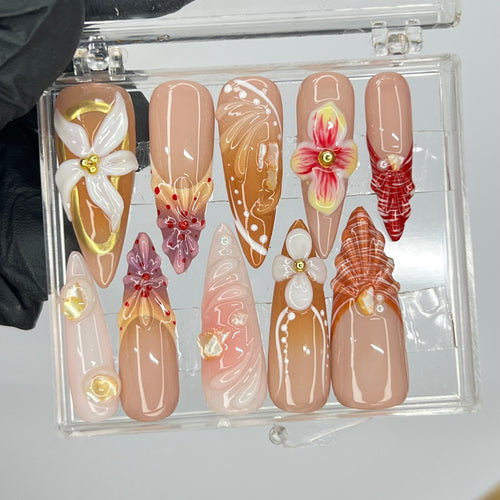 3D Flower Long Almond Press On Nails, Floral Handmade Gel False Nails for Birthday Event Party Holiday, Vacation or Gift For Her