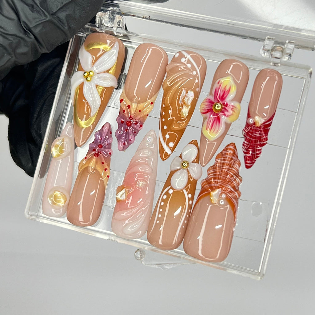 3D Flower Long Almond Press On Nails, Floral Handmade Gel False Nails for Birthday Event Party Holiday, Vacation or Gift For Her