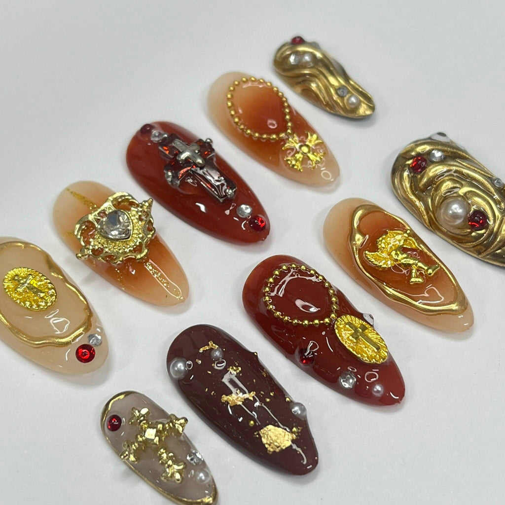 Earthy Color With Gold Chrome Press On Nails, Handmade 3D False Nails, Unique Nail Design for Birthday Party Holiday,Vacation , Gift for Her