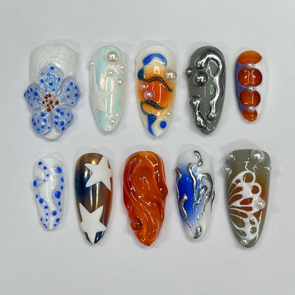 3D Freestyle With Flower Press On Nails, Handmade Spring False Nails, Unique Nail Design for Birthday Party Holiday,Vacation , Gift for Her