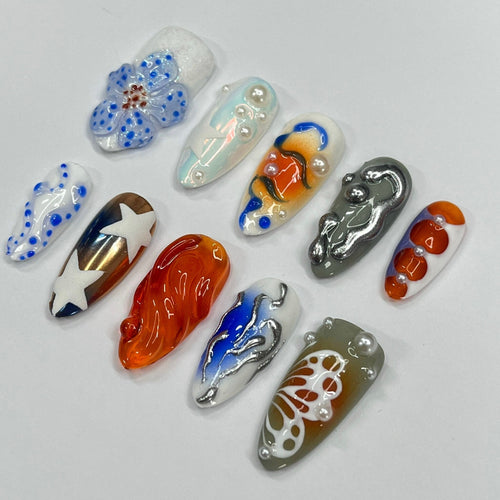 3D Freestyle With Flower Press On Nails, Handmade Spring False Nails, Unique Nail Design for Birthday Party Holiday,Vacation , Gift for Her