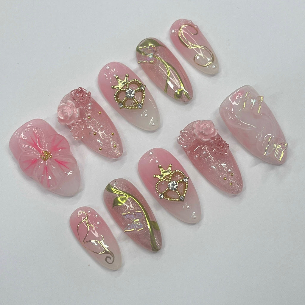 Elegance 3D Flower Medium Almond Press On Nails, Handmade Floral Spring Nails, Unique Nail for Birthday Party Holiday,Vacation