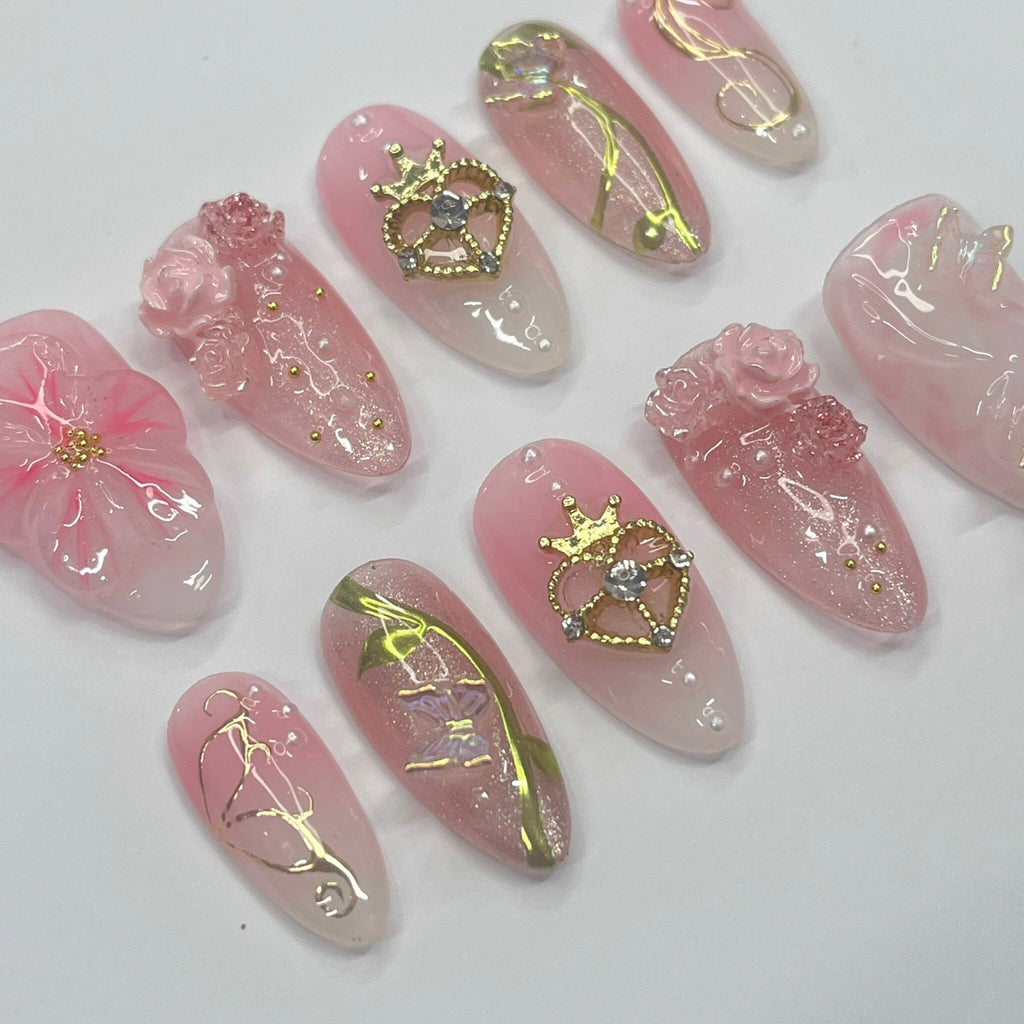 Elegance 3D Flower Medium Almond Press On Nails, Handmade Floral Spring Nails, Unique Nail for Birthday Party Holiday,Vacation