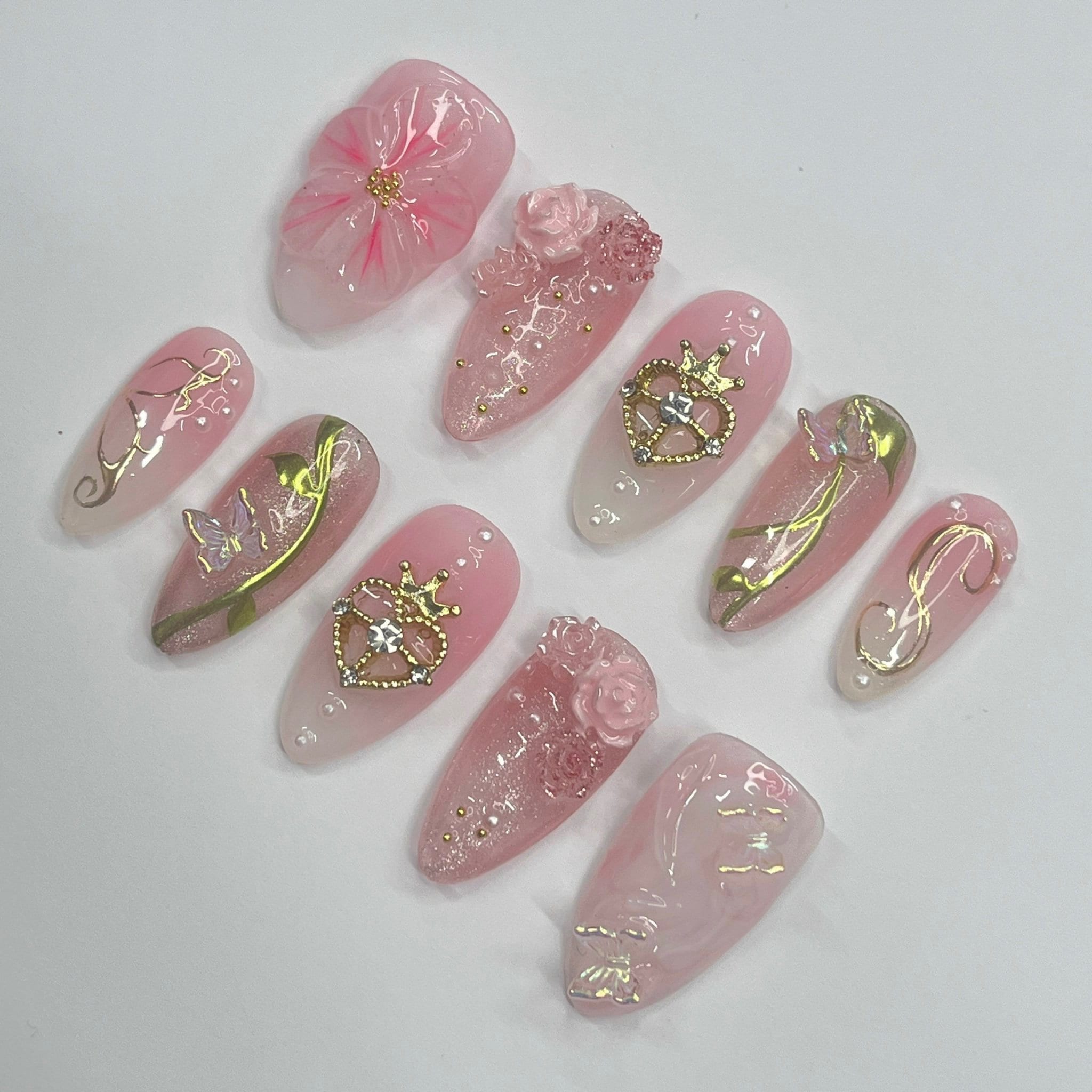 Elegance 3D Flower Medium Almond Press On Nails, Handmade Floral Spring Nails, Unique Nail for Birthday Party Holiday,Vacation