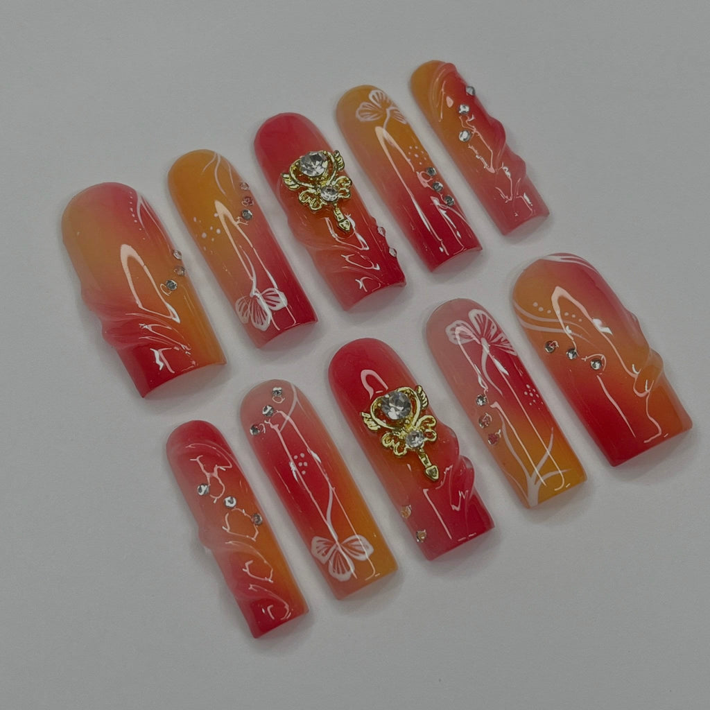 Freestyle Red & Orange Long Square Press On Nails, Air Brush Fake Nails, Edgy Chrome Nails, Birthday Party Holiday Nail