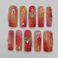 Freestyle Red & Orange Long Square Press On Nails, Air Brush Fake Nails, Edgy Chrome Nails, Birthday Party Holiday Nail