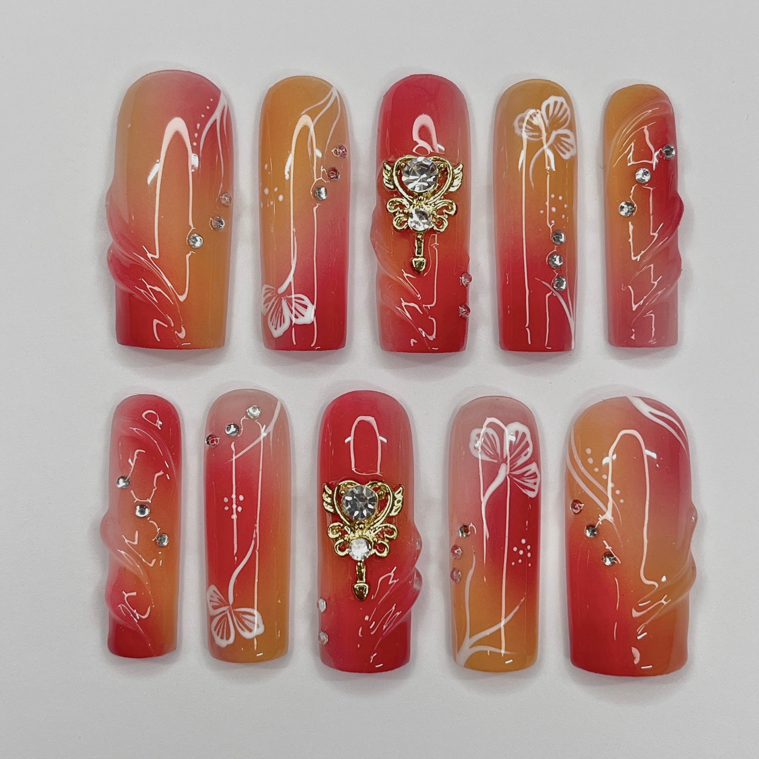 Freestyle Red & Orange Long Square Press On Nails, Air Brush Fake Nails, Edgy Chrome Nails, Birthday Party Holiday Nail