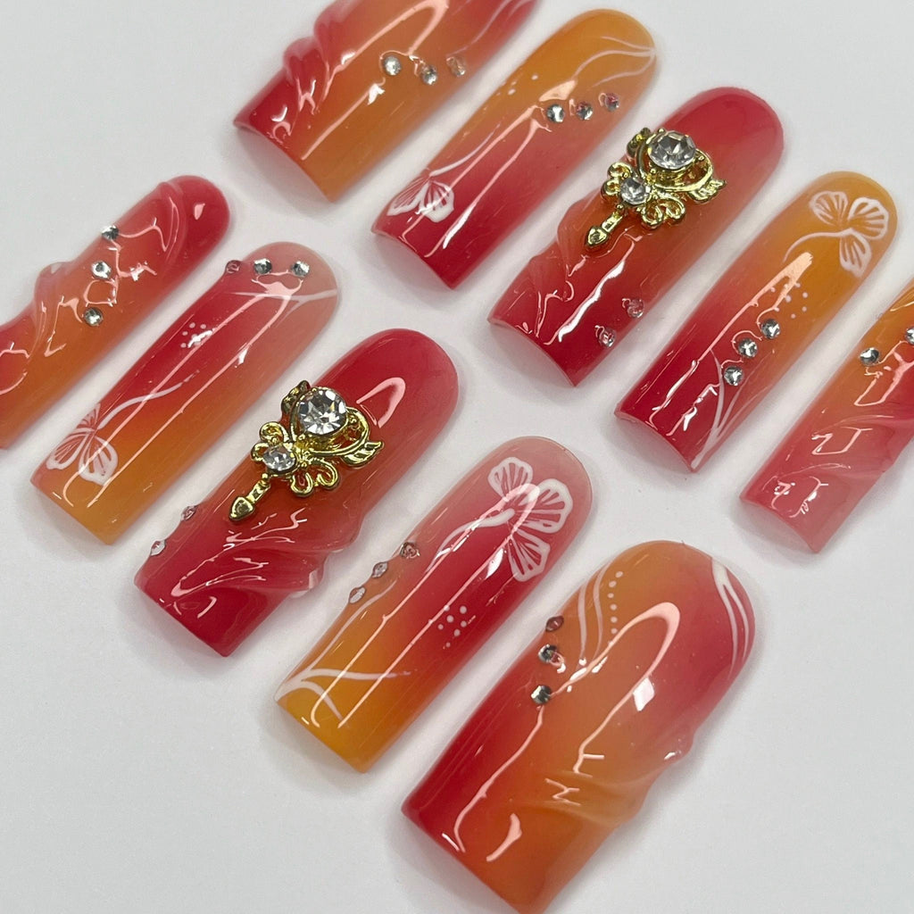Freestyle Red & Orange Long Square Press On Nails, Air Brush Fake Nails, Edgy Chrome Nails, Birthday Party Holiday Nail