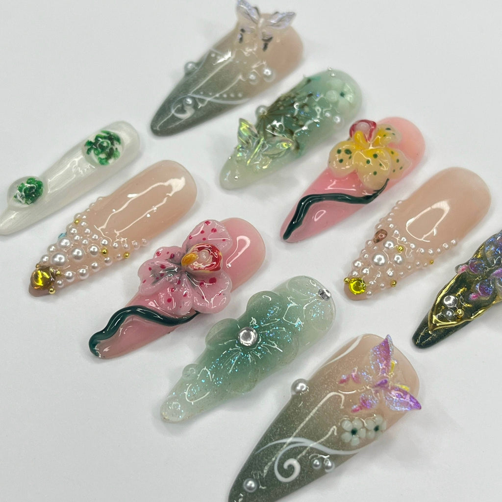 3D Flower Long Almond Handmade Press On Nails, Spring Garden Theme Custom Made False Nails for Birthday Holiday Vacation Prom Nails