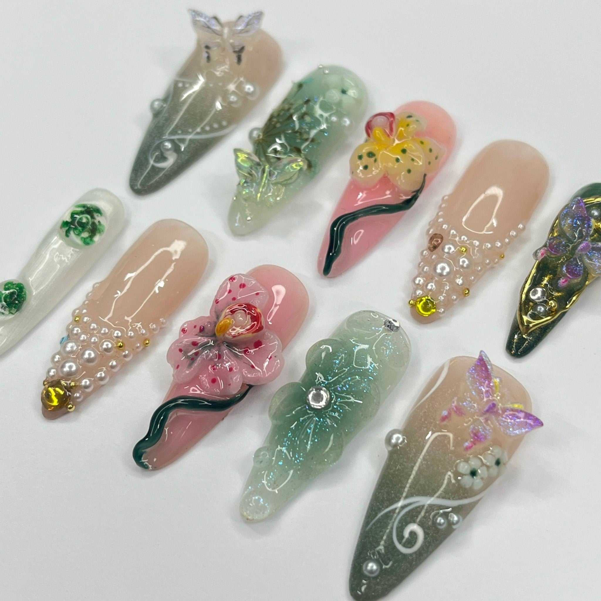 3D Flower Long Almond Handmade Press On Nails, Spring Garden Theme Custom Made False Nails for Birthday Holiday Vacation Prom Nails