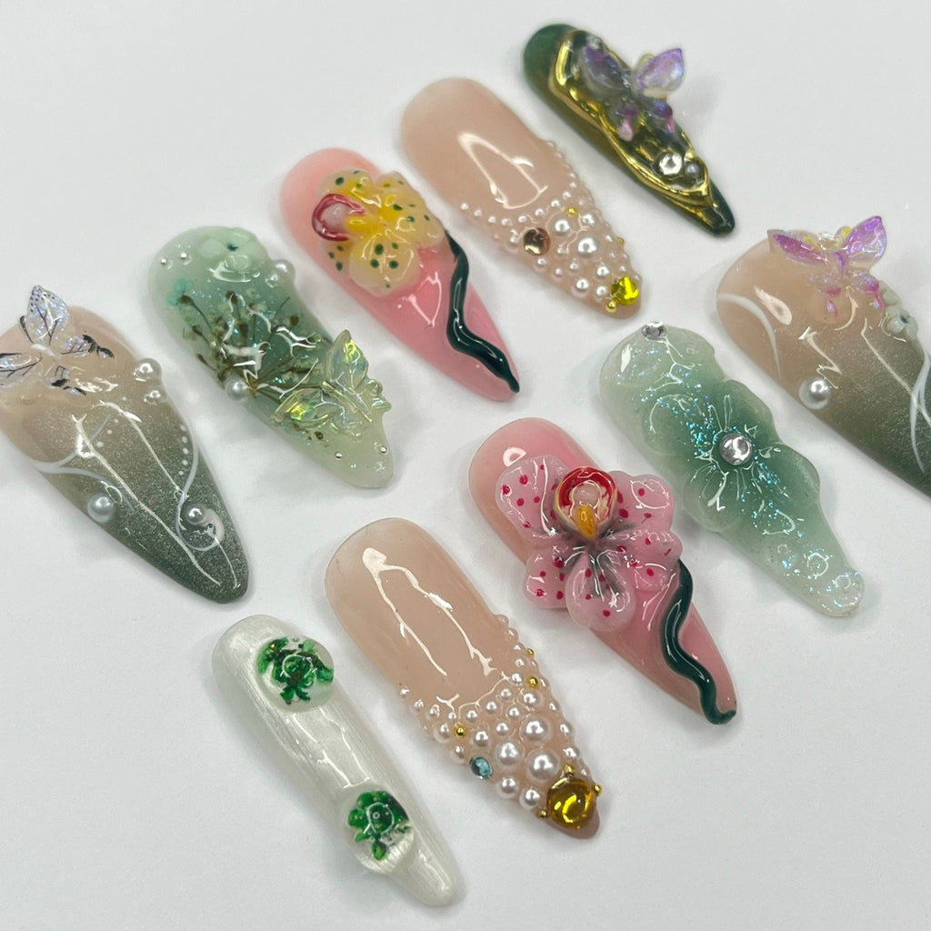 3D Flower Long Almond Handmade Press On Nails, Spring Garden Theme Custom Made False Nails for Birthday Holiday Vacation Prom Nails