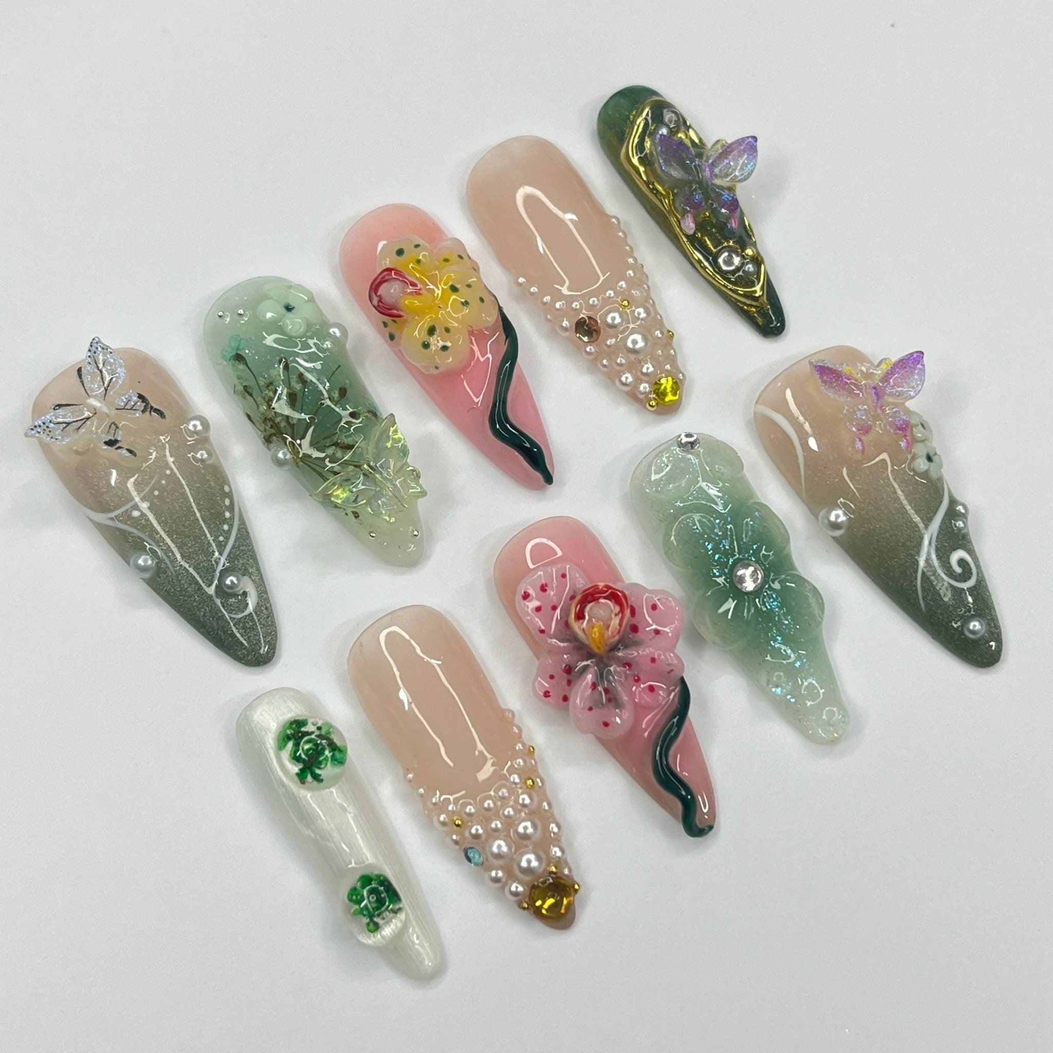 3D Flower Long Almond Handmade Press On Nails, Spring Garden Theme Custom Made False Nails for Birthday Holiday Vacation Prom Nails