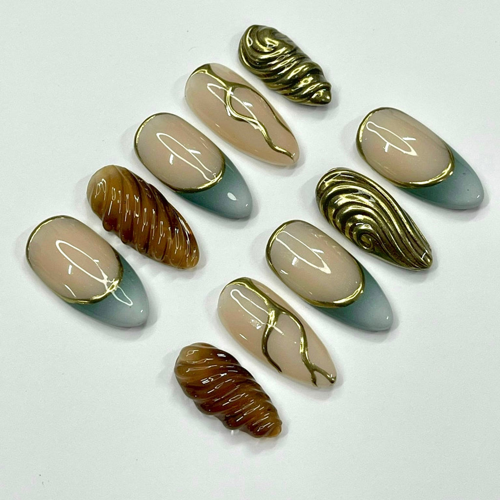 Freestyle Y2K Medium Almond Press On Nails, 3D Gel Gold Chrome Fake Nails for Birthday Party Holiday Vacation, Gift for Her