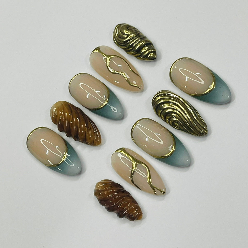 Freestyle Y2K Medium Almond Press On Nails, 3D Gel Gold Chrome Fake Nails for Birthday Party Holiday Vacation, Gift for Her