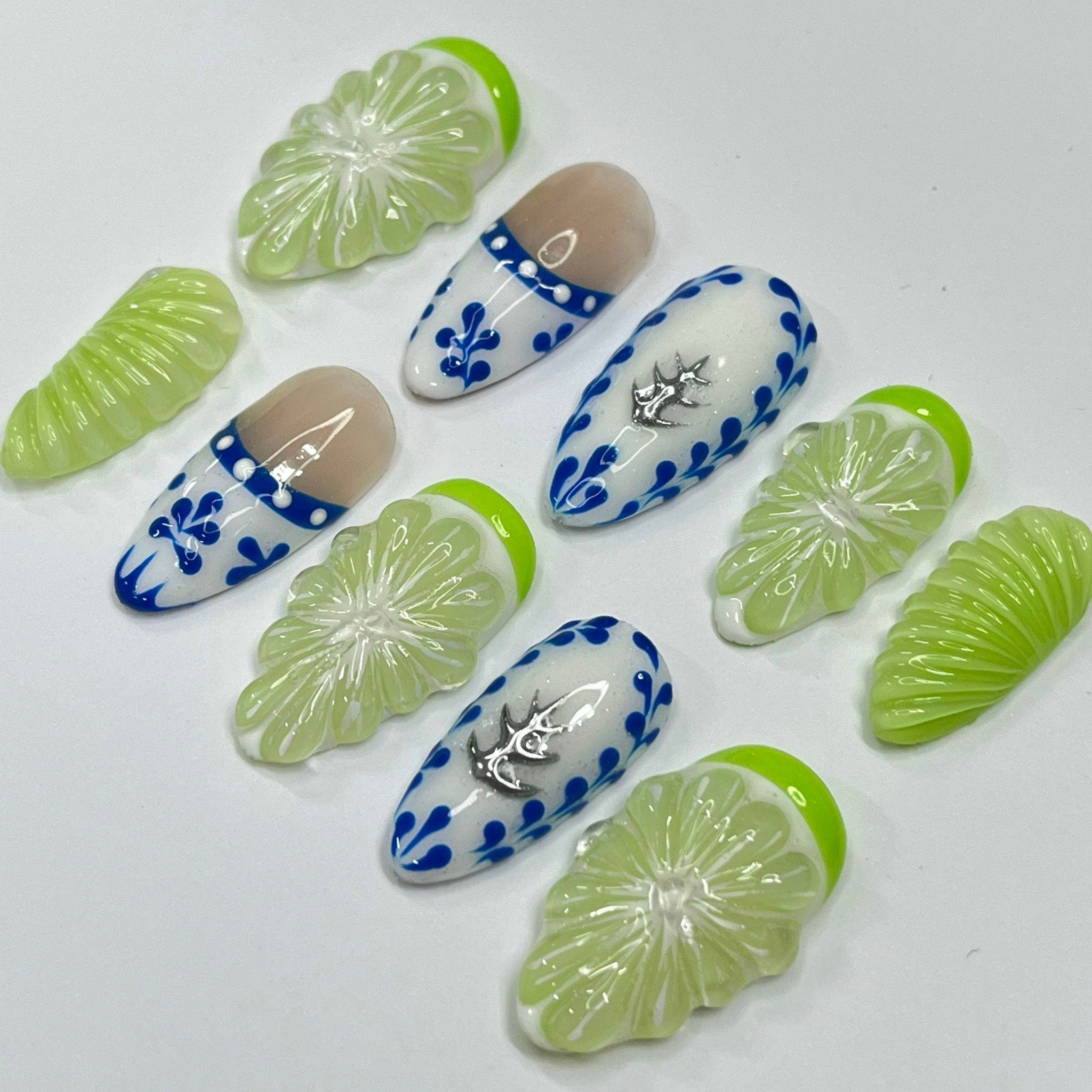 Free Style Summer Fruit Almond Press On Nails, Handmade Fake Nails Nails, Unique Nails for Birthday Event Photograph Holiday Birthday