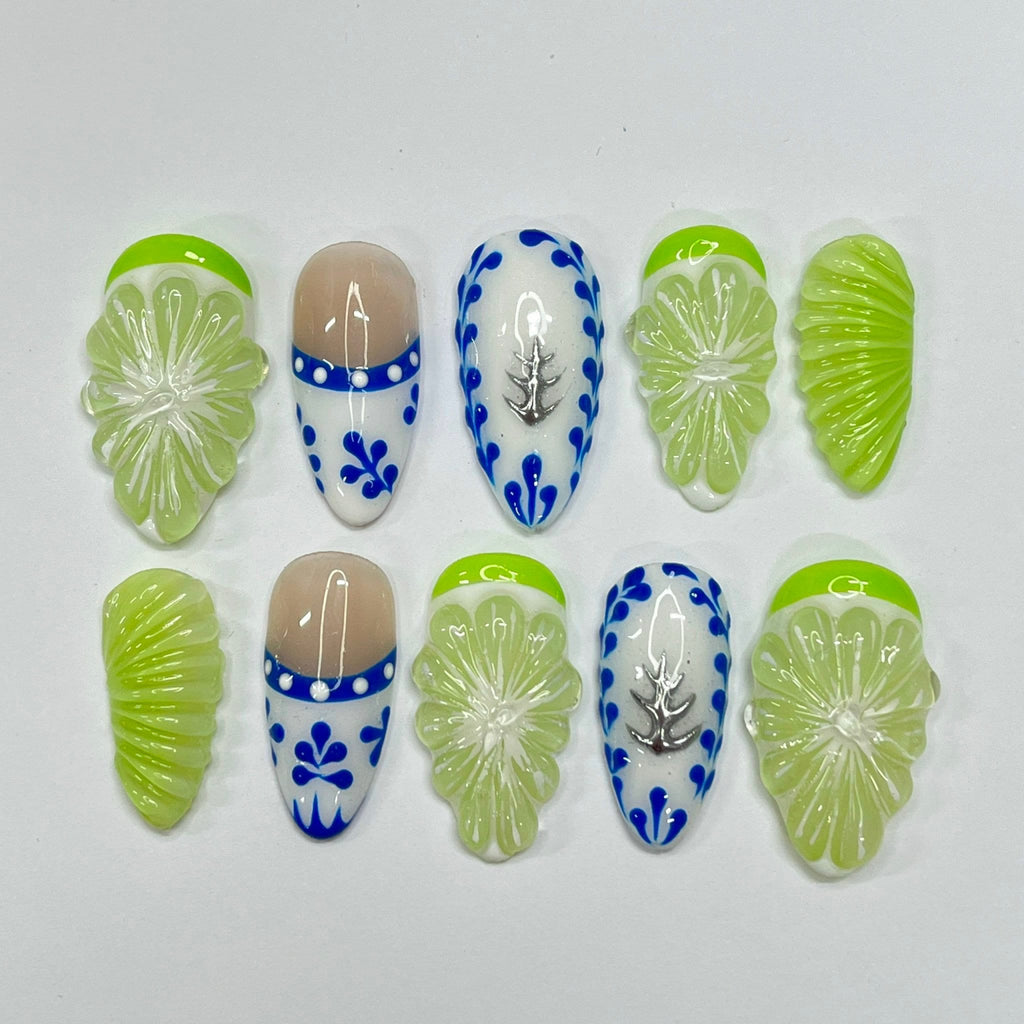 Free Style Summer Fruit Almond Press On Nails, Handmade Fake Nails Nails, Unique Nails for Birthday Event Photograph Holiday Birthday