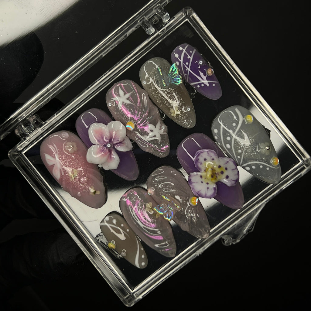 Springtime - 3D Flowers Medium Almond Press on Nails, Handmade Floral False Nails for Holiday, Vacation, Birthday, Prom Nails. Gift for Her