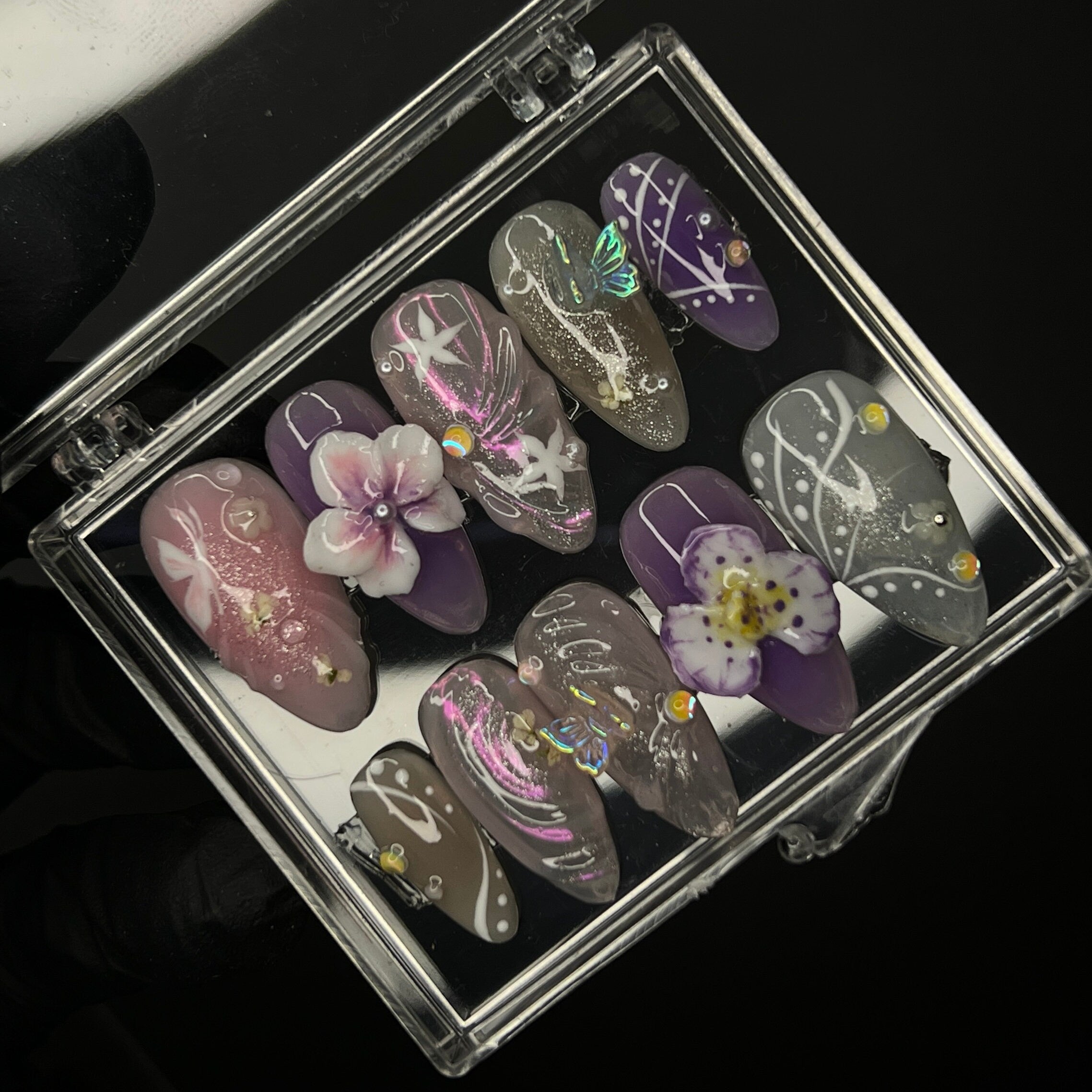 Springtime - 3D Flowers Medium Almond Press on Nails, Handmade Floral False Nails for Holiday, Vacation, Birthday, Prom Nails. Gift for Her