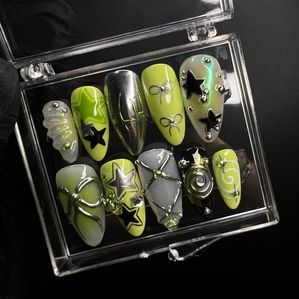 Free Style Green & Silver 3D Gel Handmade Press On Nails, Custom Made False Nails for Holiday, Vacation, Birthday, Prom Nails. Gift for Her