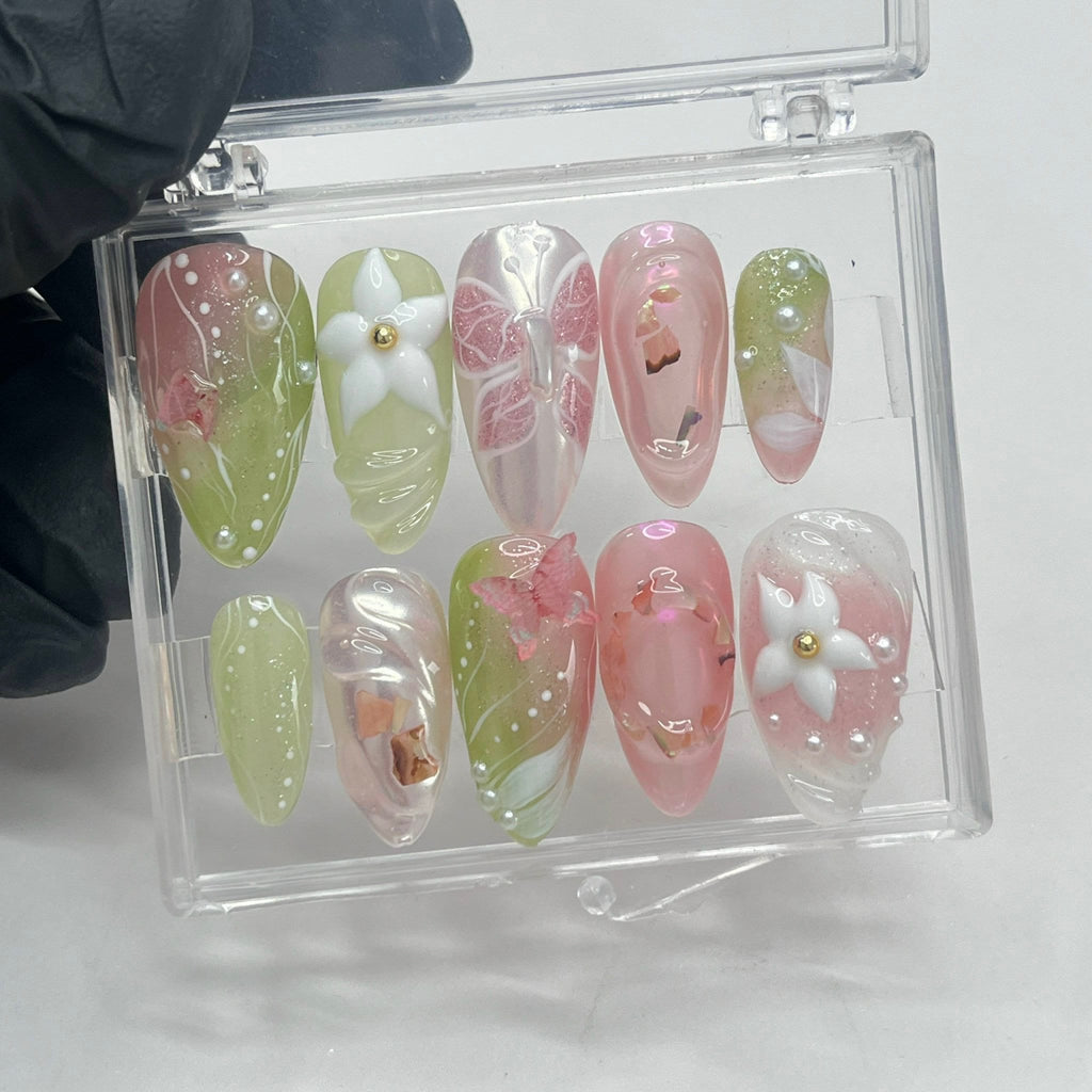 Cute 3D Flower & Butterfly Medium Almond Press On Nails, Handmade Gel False Nails for Birthday Event Party Holiday Vacation