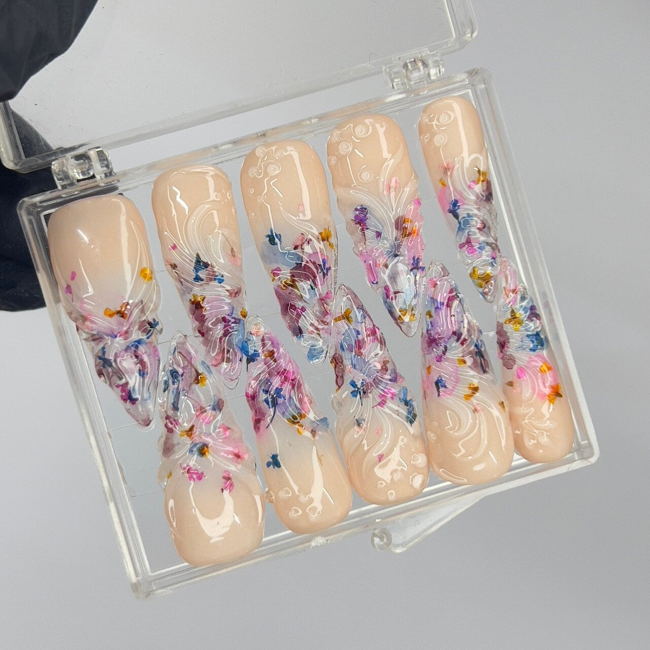 Fairy Dream Flower Garden Long Almond Press On Nails, 3D Gel Fairycore Fake Nails, Dreamy Nails for Birthday Vacation Holiday