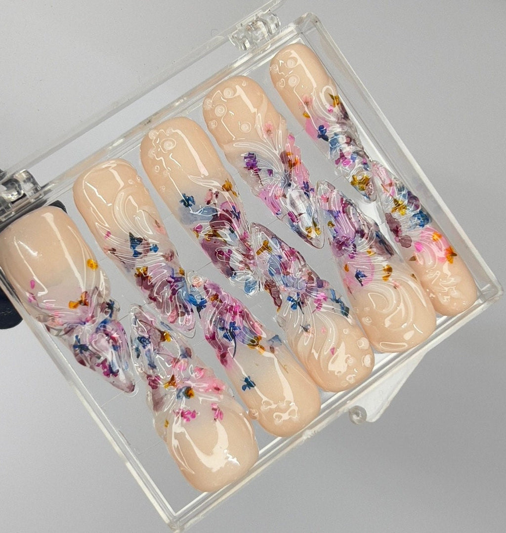 Fairy Dream Flower Garden Long Almond Press On Nails, 3D Gel Fairycore Fake Nails, Dreamy Nails for Birthday Vacation Holiday