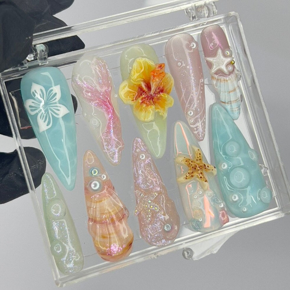 Fairy Dream Flower Garden Long Almond Press On Nails, 3D Gel Fairycore Fake Nails, Dreamy Nails for Birthday Vacation Holiday