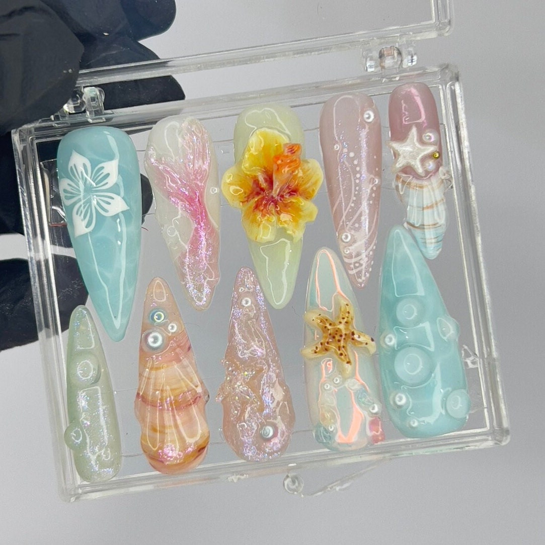 Fairy Dream Flower Garden Long Almond Press On Nails, 3D Gel Fairycore Fake Nails, Dreamy Nails for Birthday Vacation Holiday