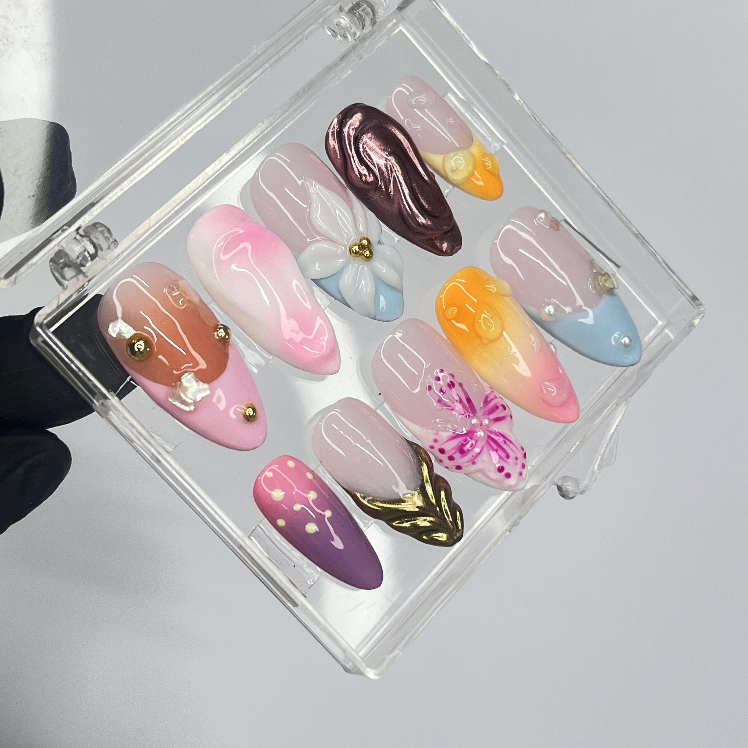 3D Flower Medium Almond Press On Nails, Floral Handmade Gel False Nails for Birthday Event Party Holiday Vacation